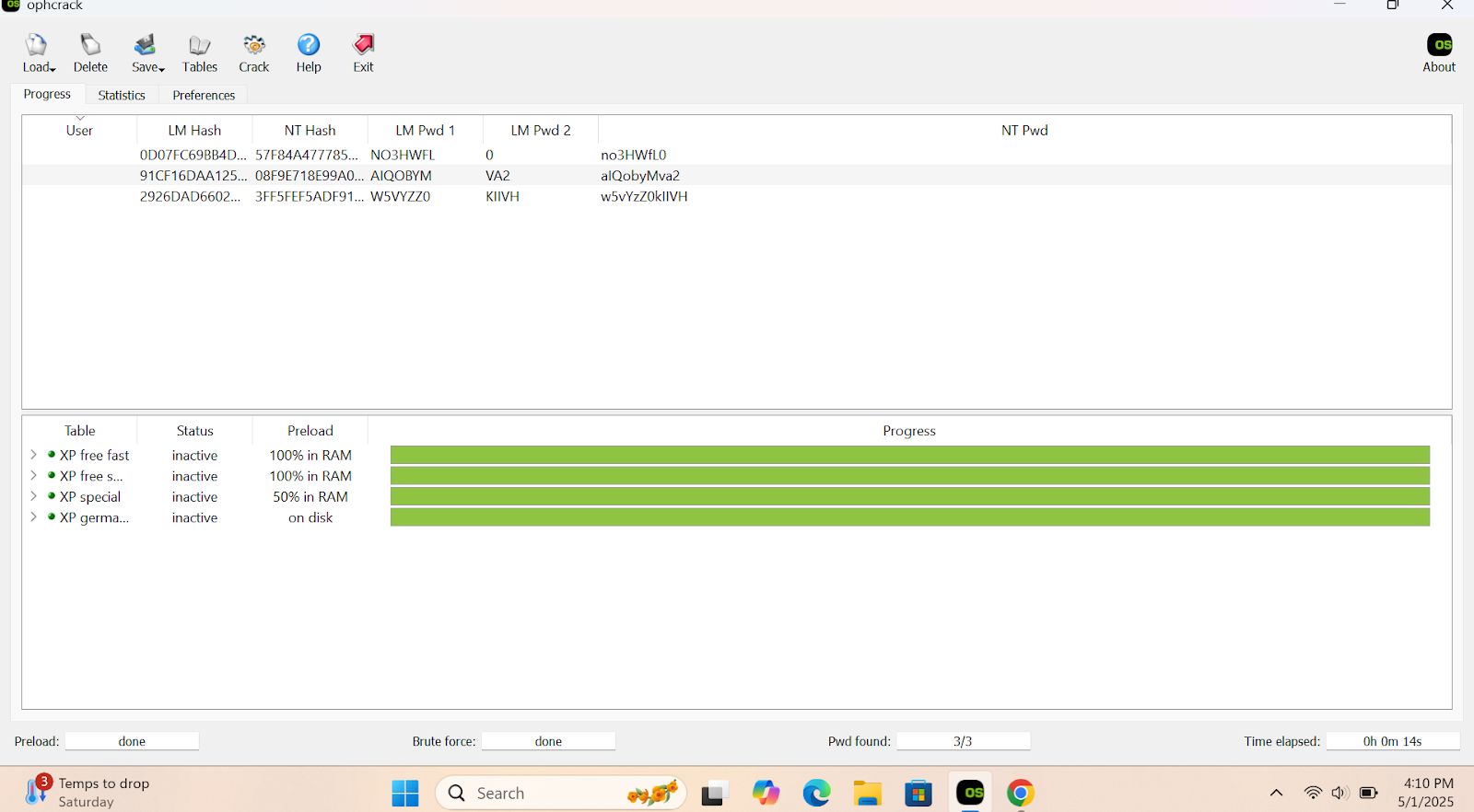 Ophcrack GUI screenshot